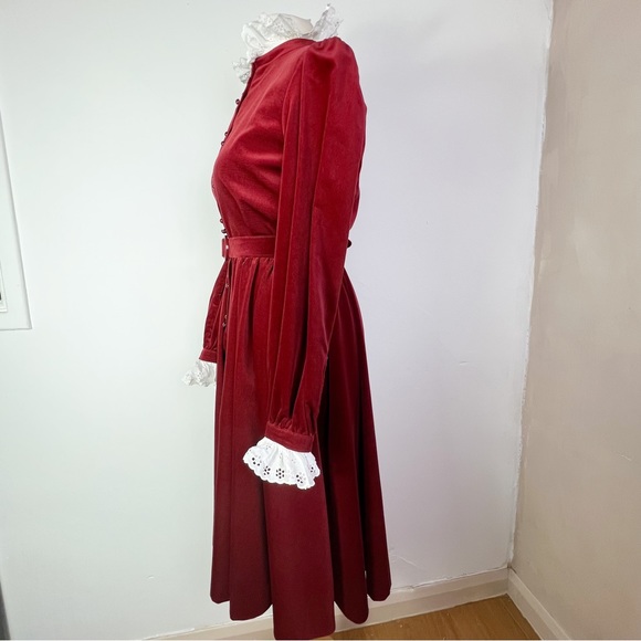 Vintage 70s/80s Jaeger Rust Red Cord Button Down Dress Lace Collar & Cuffs UK 10 - Picture 5 of 9